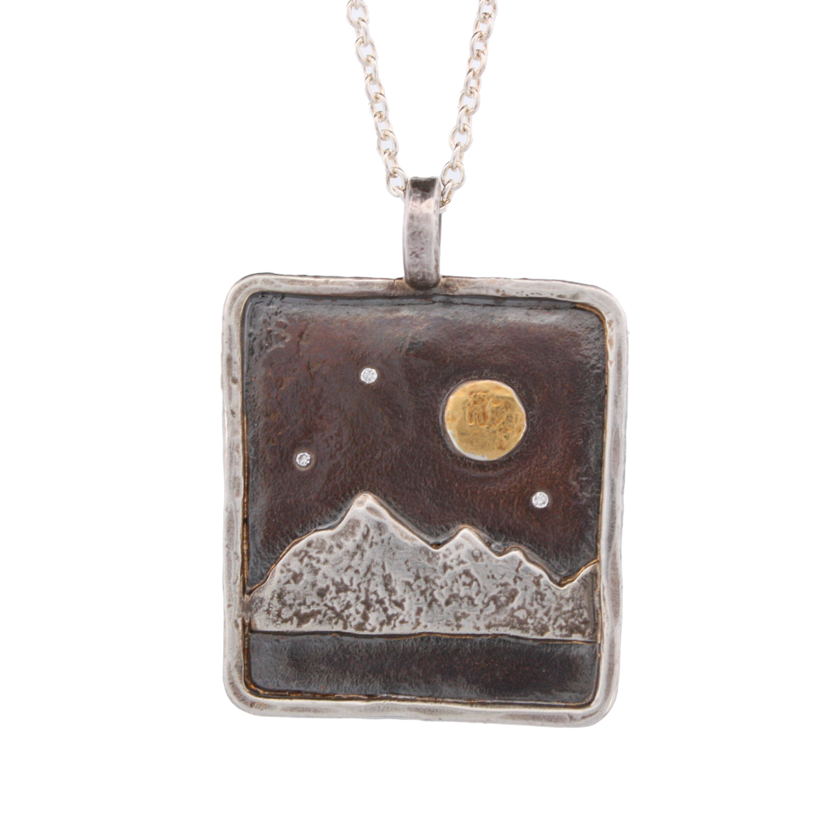 Mixed Metal and Diamond Mountain Scene Pendant Necklace